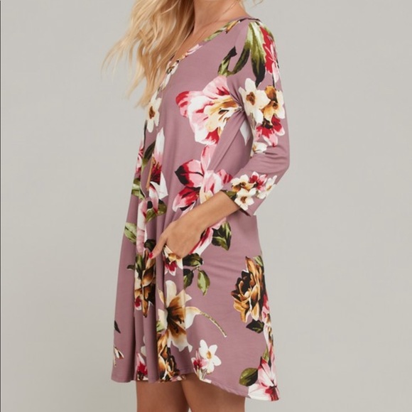 New Mandy Mauve Floral Dress Side Pockets med & 2x - Picture 3 of 5